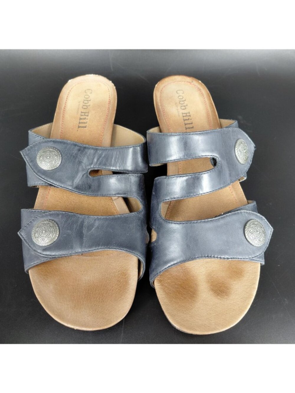 Cobb Hill Sandals Womens Size 10 Blue Leather Slide Wedge Comfort Adjust Straps - Picture 2 of 10